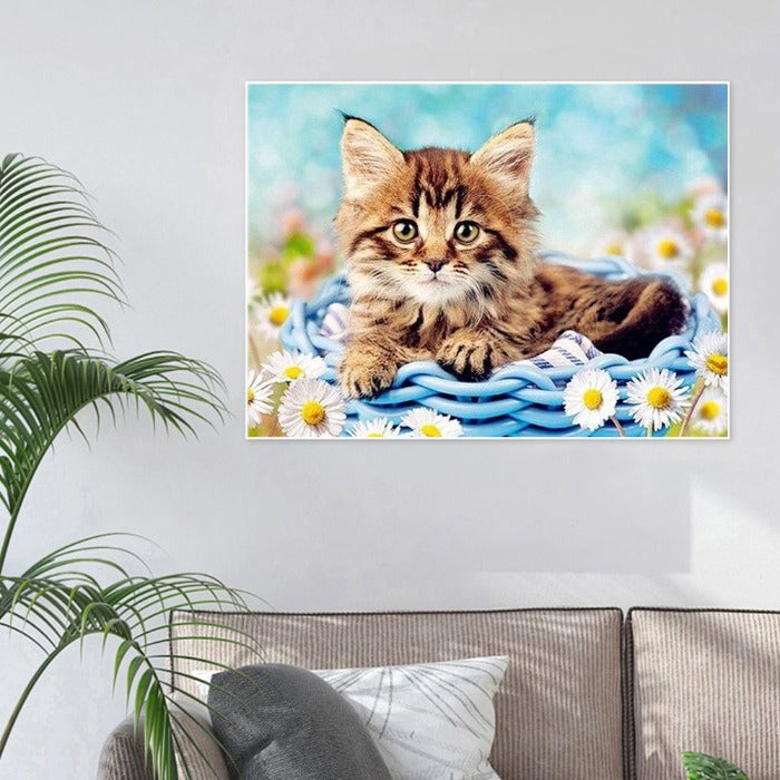 Digital Oil Painting Kit Coded Hand Painted Picture Cat in Basket Pattern