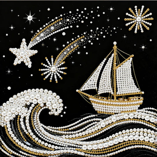 DIY Pearl Painting With Frame - Handmade Self-Adhesive Pearls - Sea Waves Sailing (25*25cm)