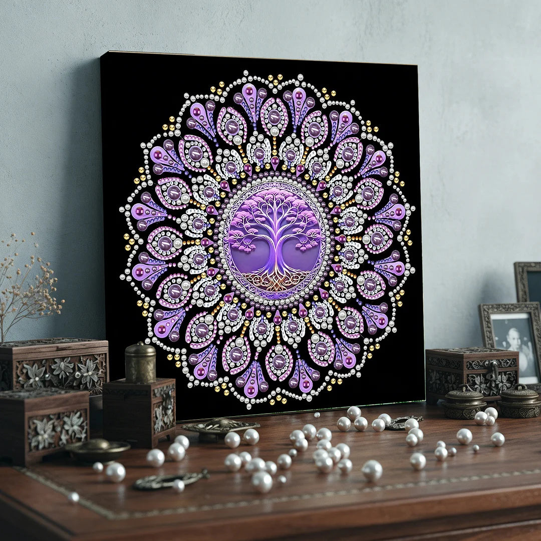 DIY Pearl Painting With Frame - Handmade Self-Adhesive Pearls - Purple Tree Mandala (25*25cm)