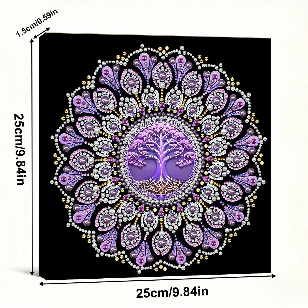 DIY Pearl Painting With Frame - Handmade Self-Adhesive Pearls - Purple Tree Mandala (25*25cm)