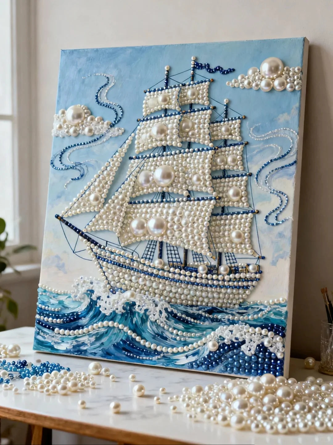 DIY Pearl Painting With Frame - Handmade Self-Adhesive Pearls - Sailboat (30*40cm) A