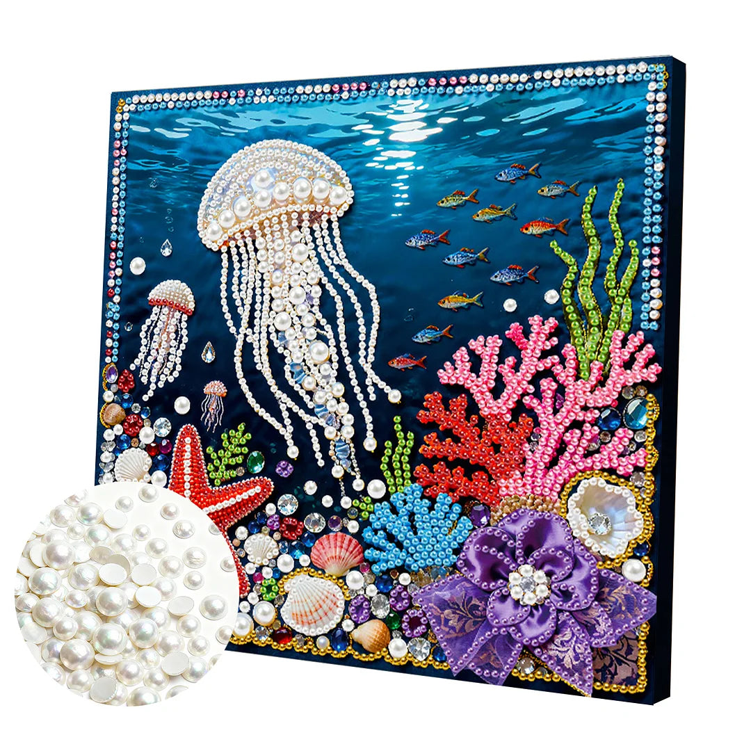 DIY Pearl Painting With Frame - Handmade Self-Adhesive Pearls - Jellyfish (25*25cm)
