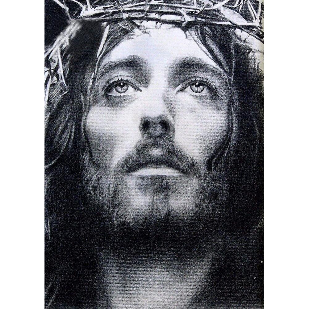 5D Diy Diamond Painting Kit Full Round Beads Jesus Black And White