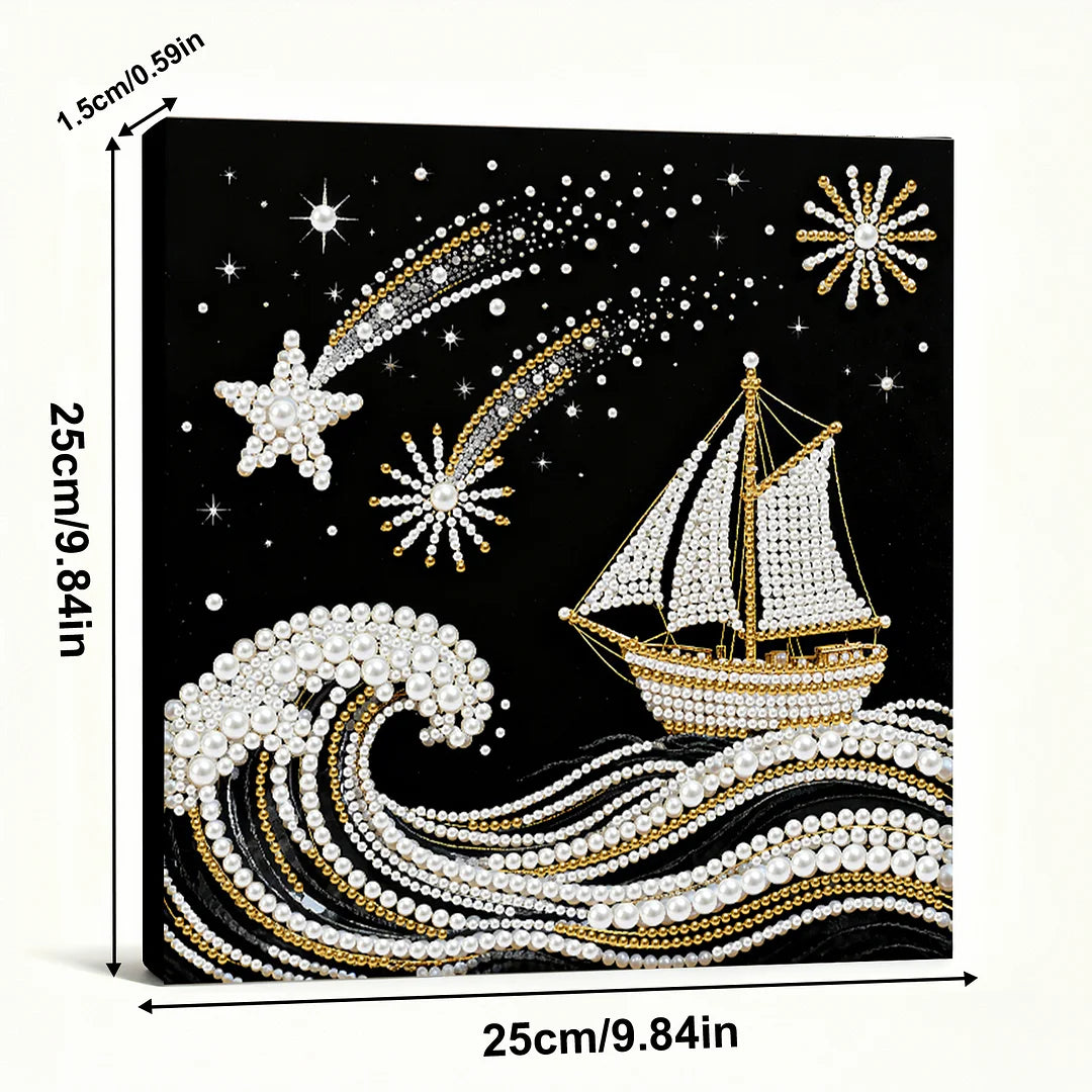 DIY Pearl Painting With Frame - Handmade Self-Adhesive Pearls - Sea Waves Sailing (25*25cm)