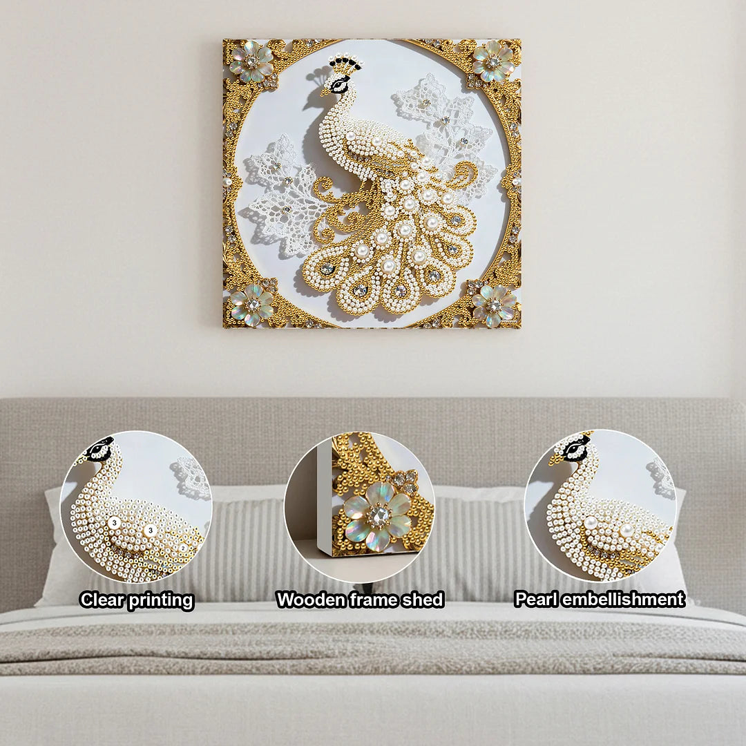 DIY Pearl Painting With Frame - Handmade Self-Adhesive Pearls - Peacock (25*25cm) B