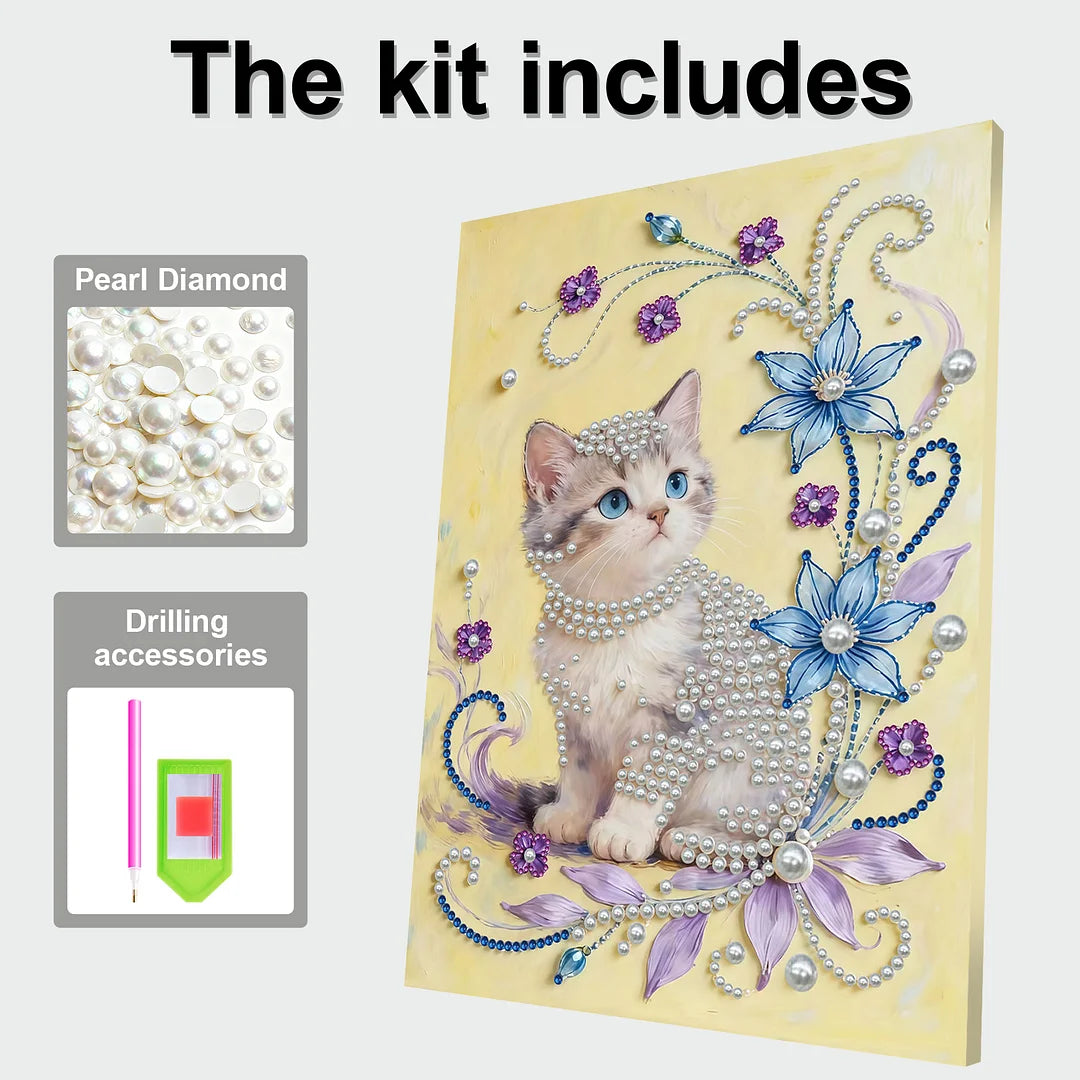 DIY Pearl Painting With Frame - Handmade Self-Adhesive Pearls - Flower Cat (30*40cm) A