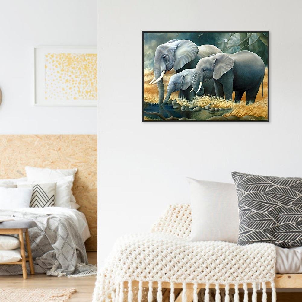 Diamond Painting - Full Round - Drinking Elephant Family