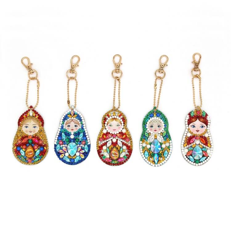 5pcs diy matryoshka doll diamond painting keychain kit