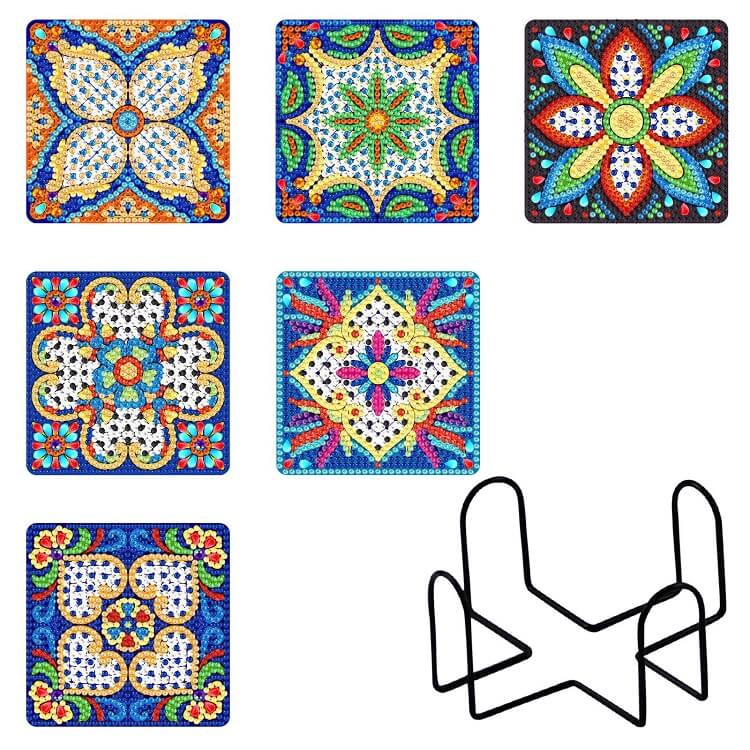 6pcs Mandala Diamond Painting Coaster Set (With Stand) C