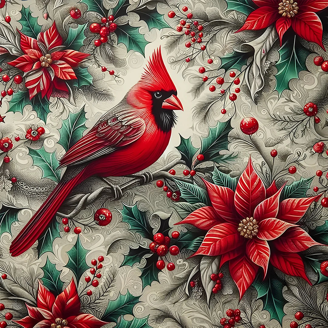 Diamond Painting - Full Round / Square - Red Poinsettia Cardinal