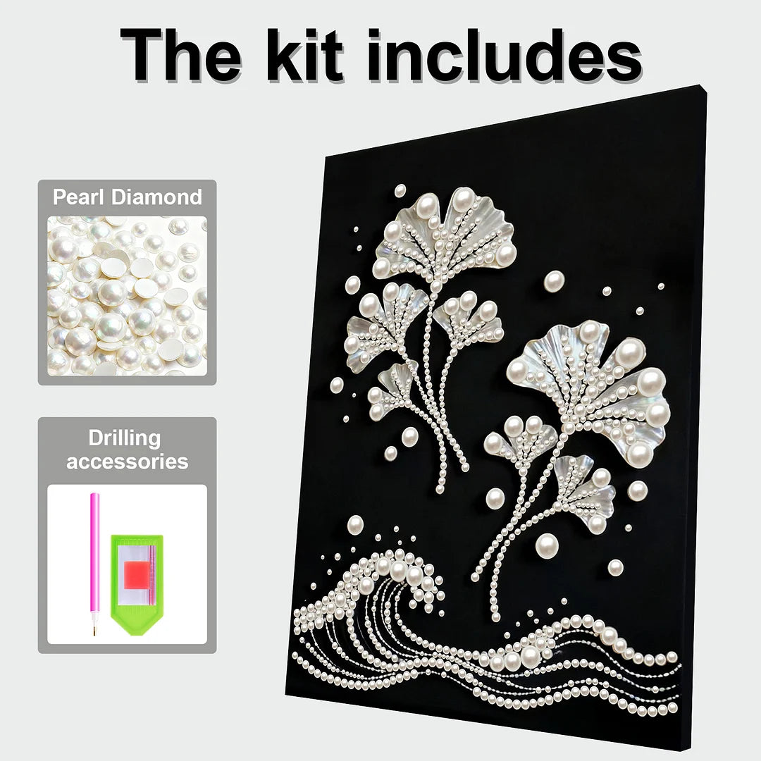 DIY Pearl Painting With Frame - Handmade Self-Adhesive Pearls - Ginkgo Leaves (30*40cm) A
