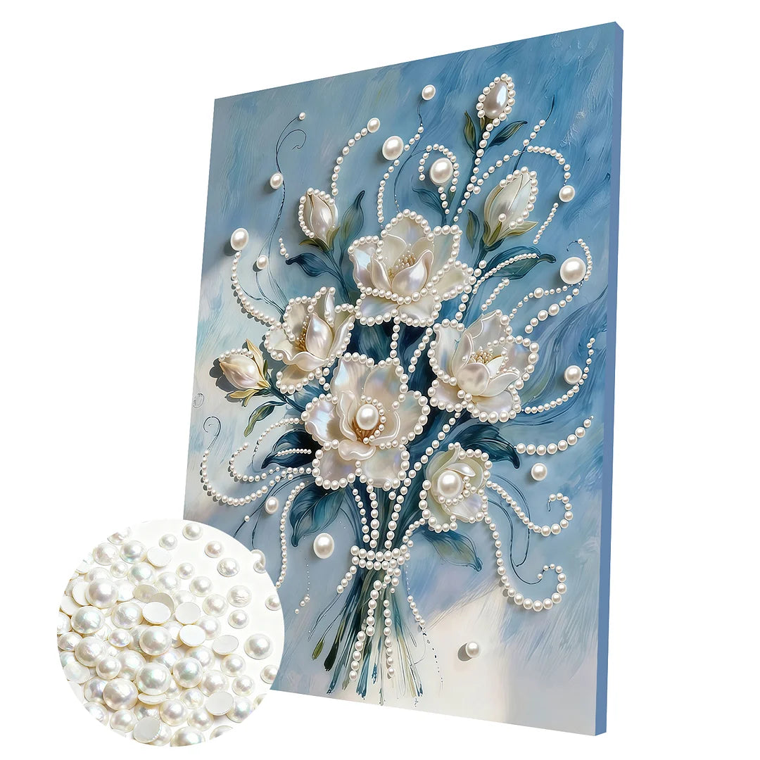 DIY Pearl Painting With Frame - Handmade Self-Adhesive Pearls - White flowers (30*40cm)