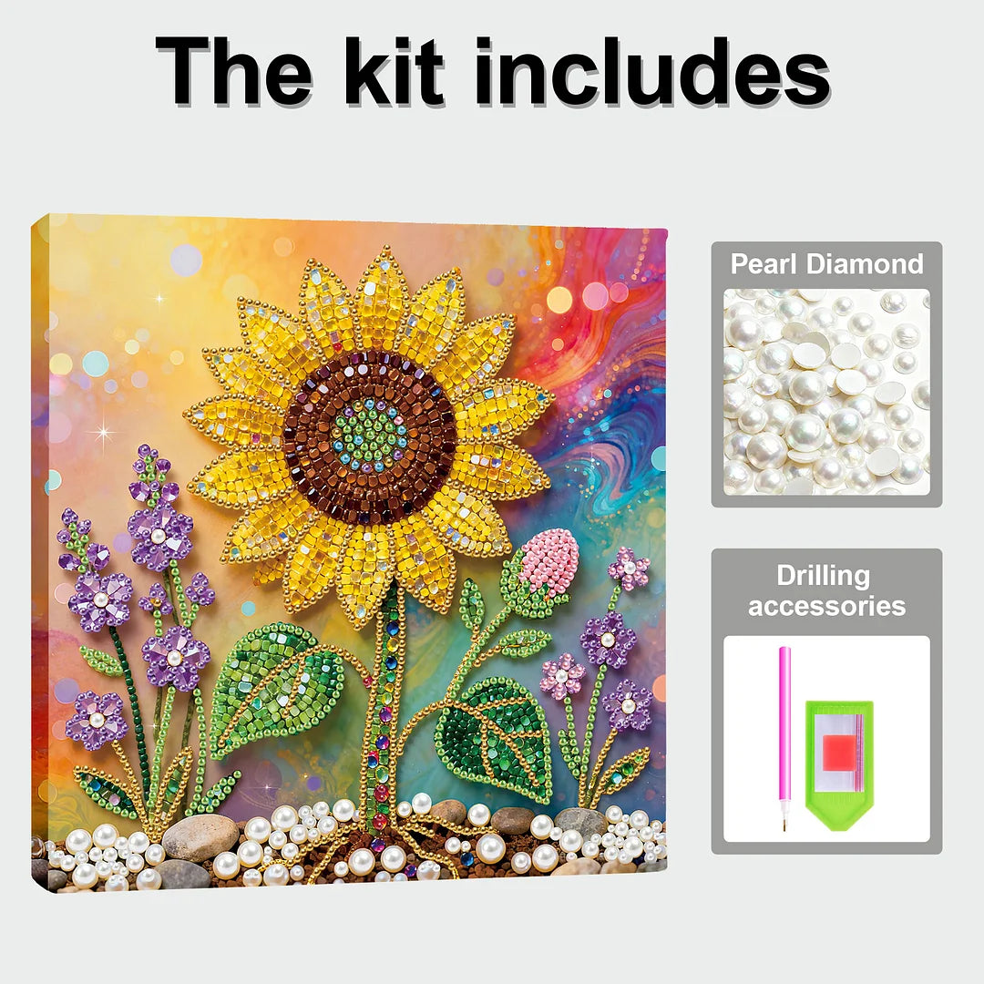 DIY Pearl Painting With Frame - Handmade Self-Adhesive Pearls - Sunflower (25*25cm) A