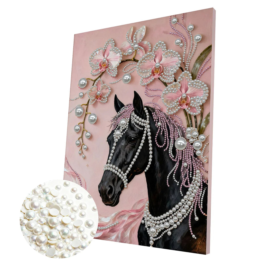 DIY Pearl Painting With Frame - Handmade Self-Adhesive Pearls - Horse (30*40cm) B