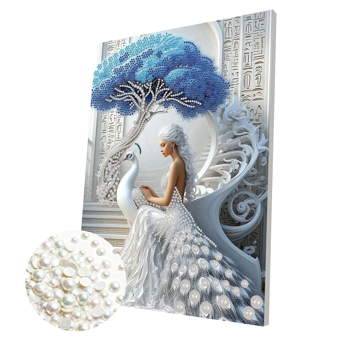 DIY Pearl Painting With Frame - Handmade Self-Adhesive Pearls - Peacock and Girl(30*40cm)