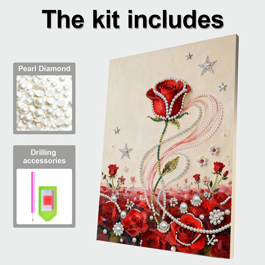 DIY Pearl Painting With Frame - Handmade Self-Adhesive Pearls - Red Rose (30*40cm) B