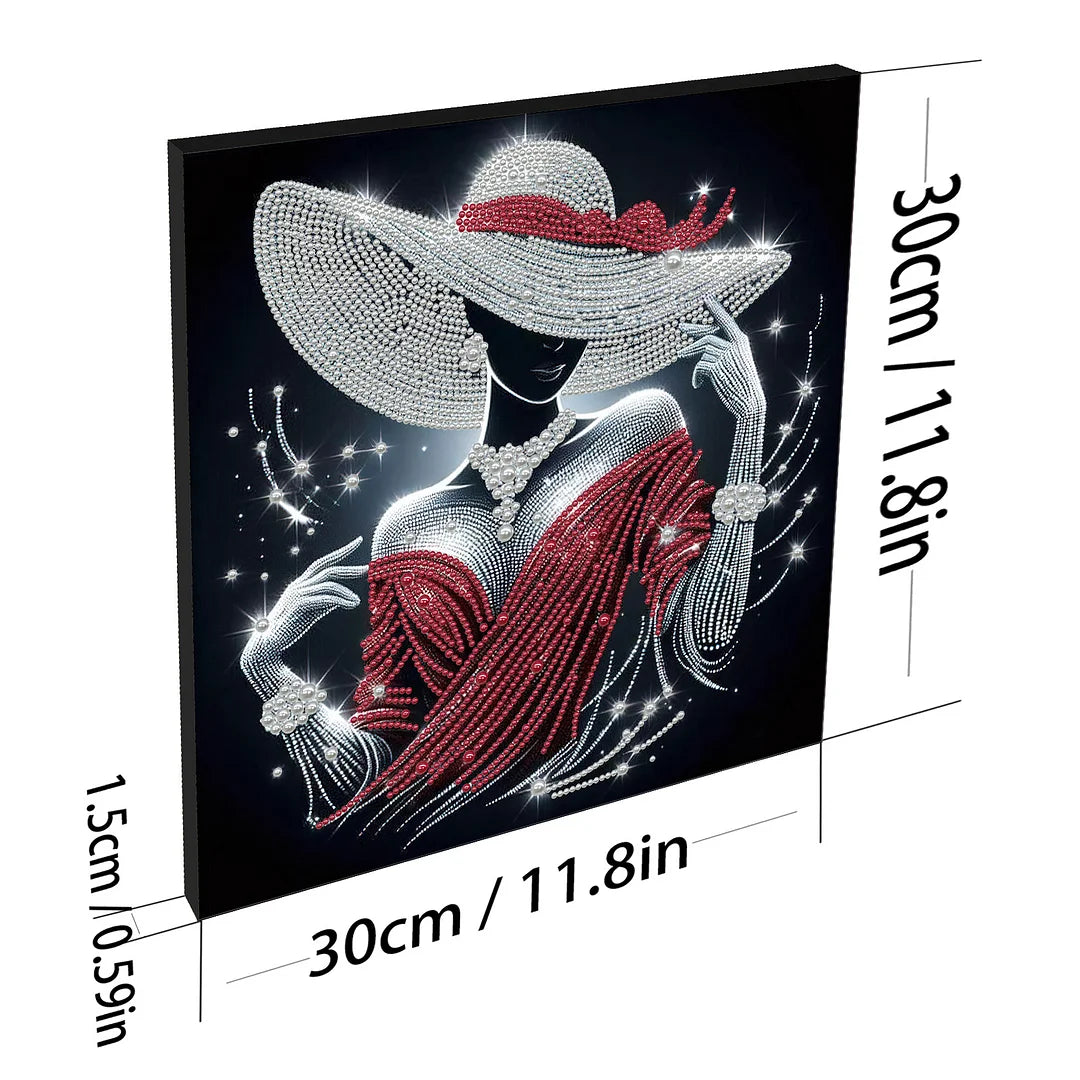 DIY Pearl Painting With Frame - Handmade Self-Adhesive Pearls - Red Dress Lady (30*30cm) A