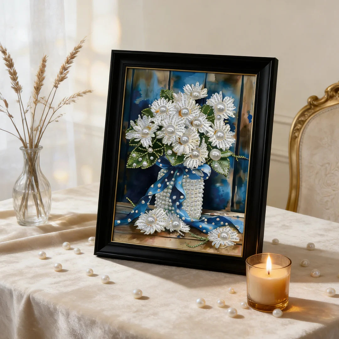 DIY Pearl Painting With Frame - Handmade Self-Adhesive Pearls - Blue Vase (30*40cm)