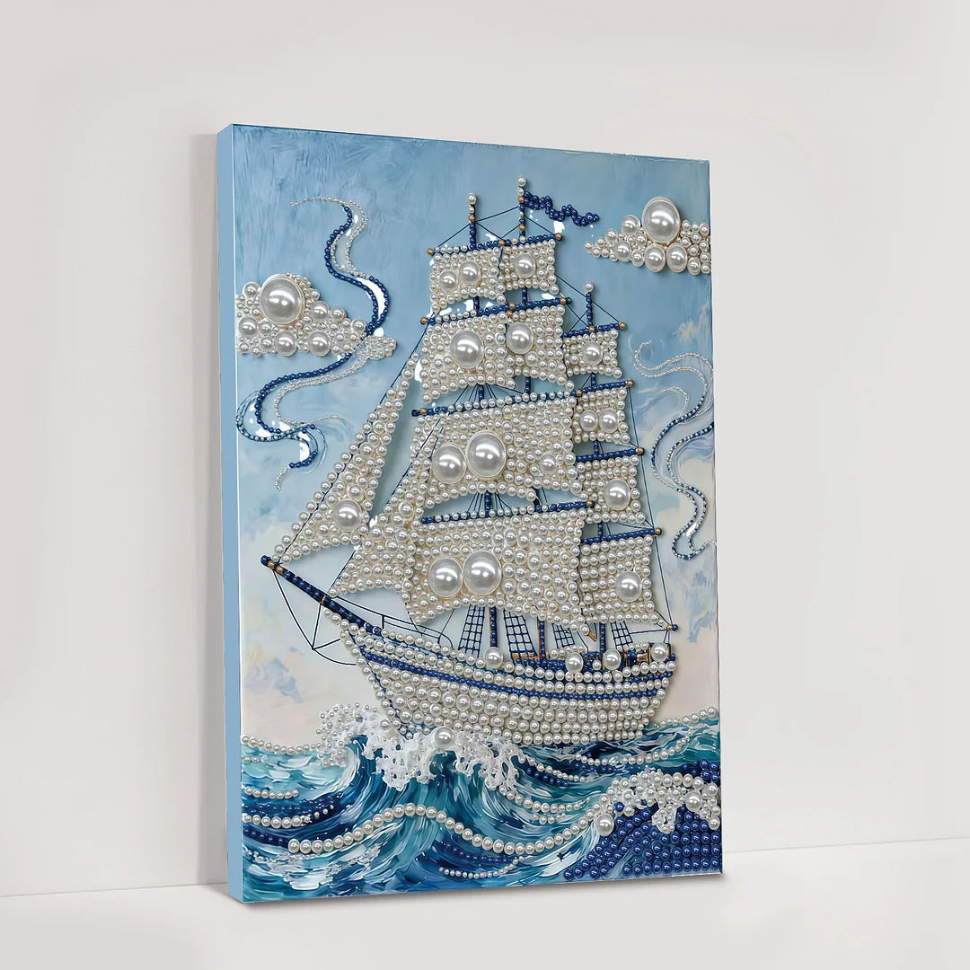 DIY Pearl Painting With Frame - Handmade Self-Adhesive Pearls - Sailboat (30*40cm) A
