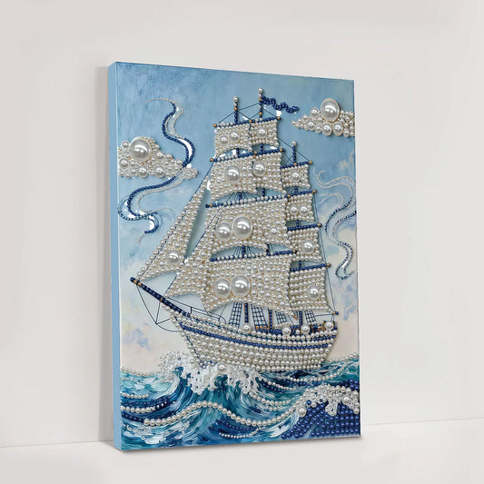 DIY Pearl Painting With Frame - Handmade Self-Adhesive Pearls - Sailboat (30*40cm) A
