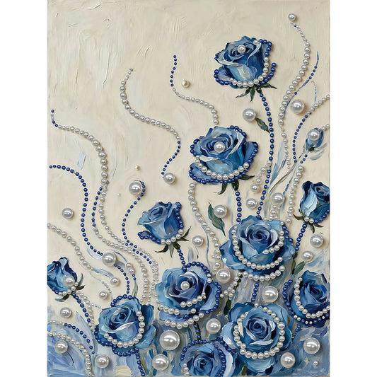 DIY Pearl Painting With Frame - Handmade Self-Adhesive Pearls - Blue Flowers (30*40cm)