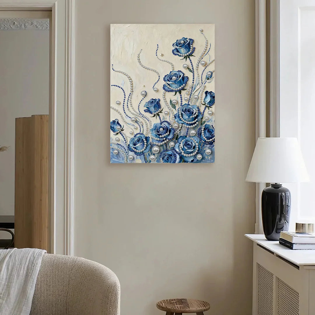 DIY Pearl Painting With Frame - Handmade Self-Adhesive Pearls - Blue Flowers (30*40cm)