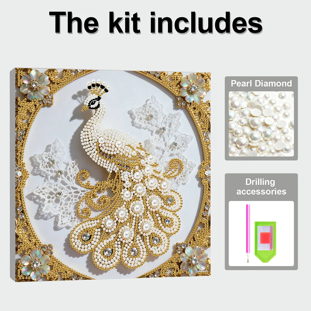 DIY Pearl Painting With Frame - Handmade Self-Adhesive Pearls - Peacock (25*25cm) B