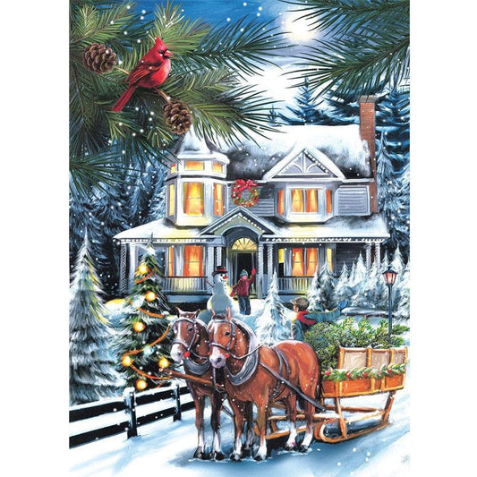5D Diy Diamond Painting Kit Full Round Beads Snow House Horse