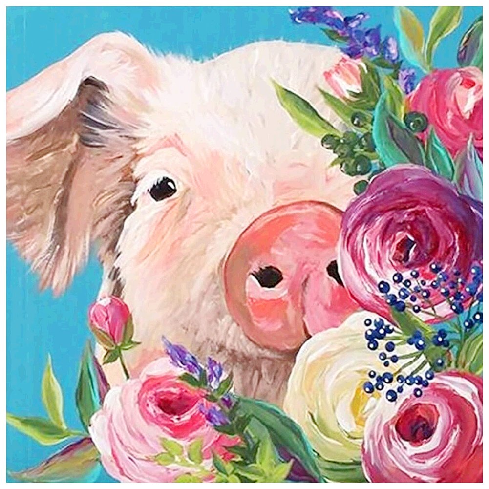 5D Diy Diamond Painting Kit Full Round Beads Flower Pig