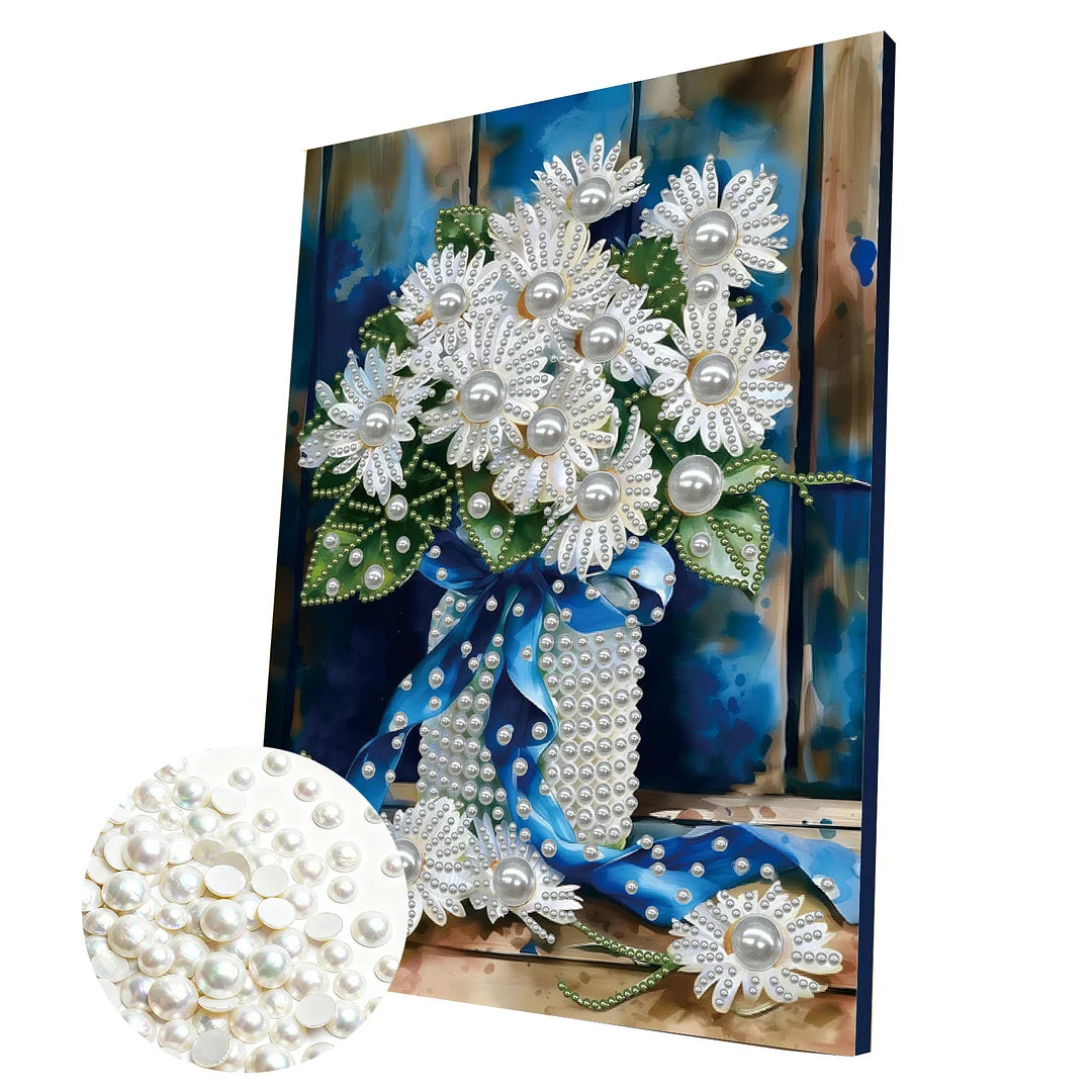 DIY Pearl Painting With Frame - Handmade Self-Adhesive Pearls - Blue Vase (30*40cm)
