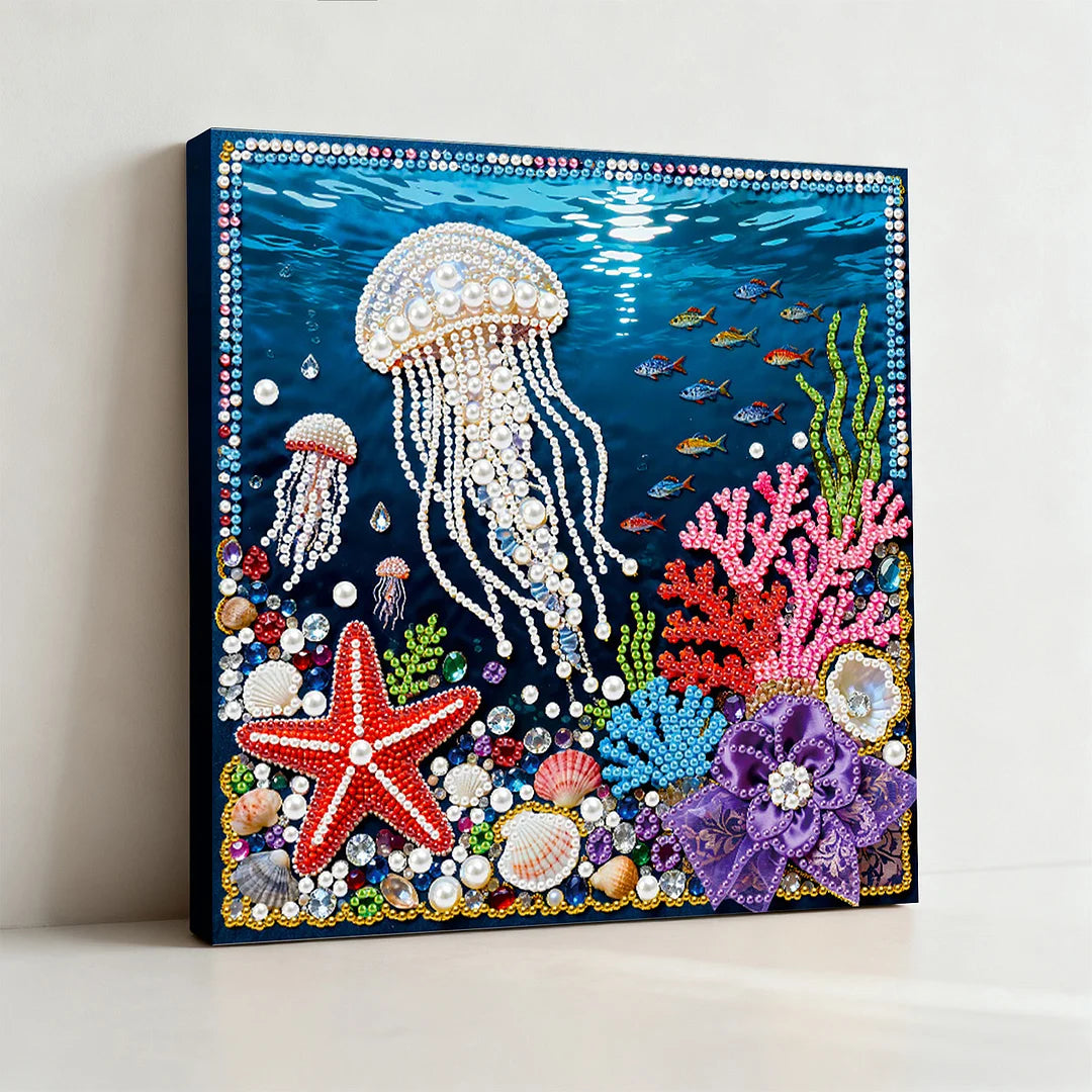 DIY Pearl Painting With Frame - Handmade Self-Adhesive Pearls - Jellyfish (25*25cm)