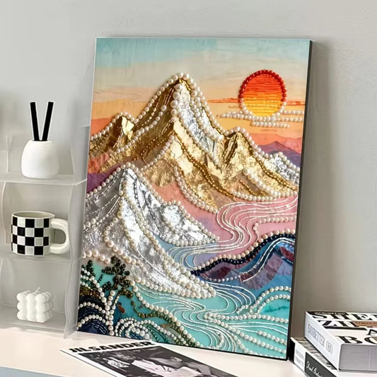 DIY Framed Pearl Painting - Handmade Self - Adhesive Pearls - Sunlit Golden Mountain