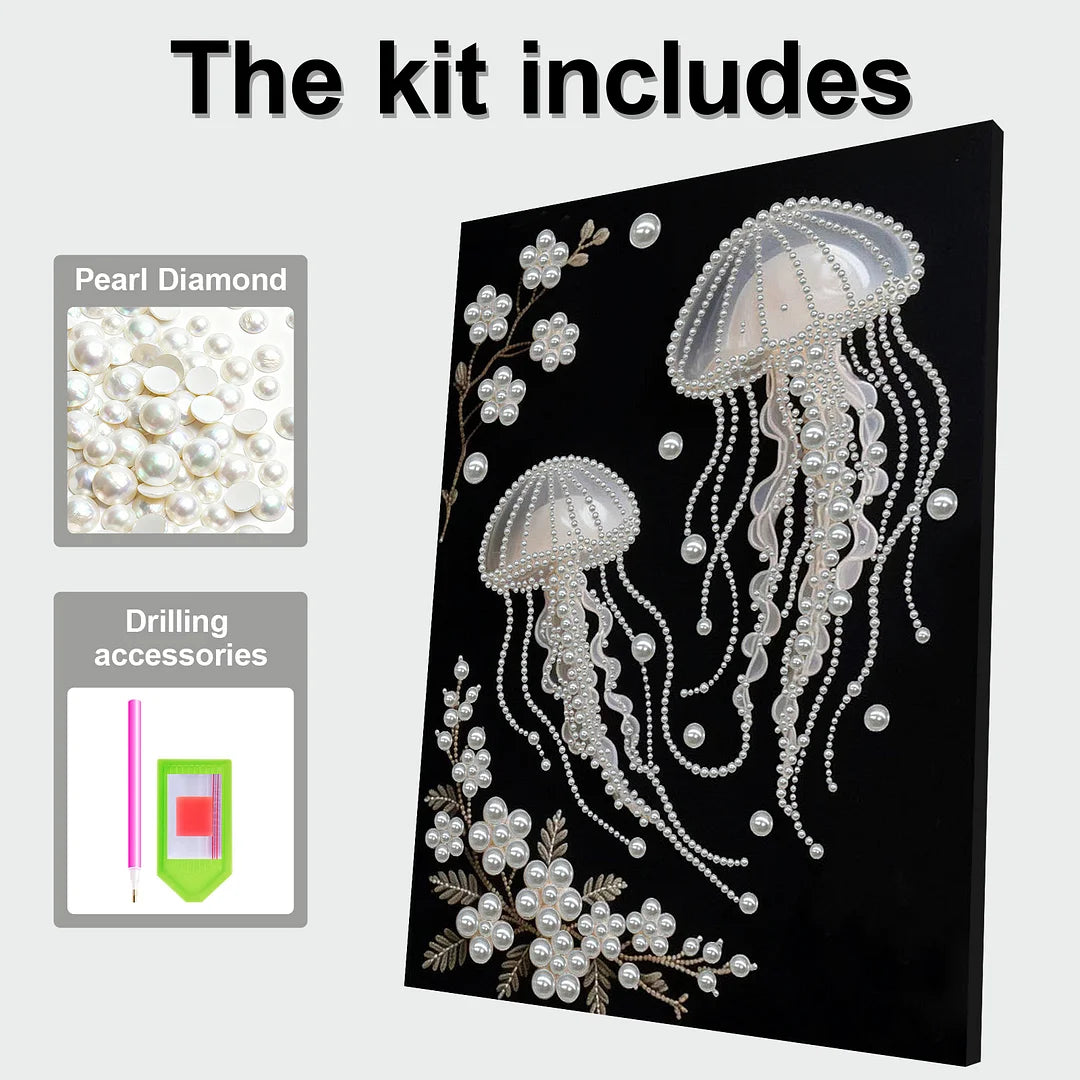 DIY Pearl Painting With Frame - Handmade Self-Adhesive Pearls - Jellyfish (30*40cm) A