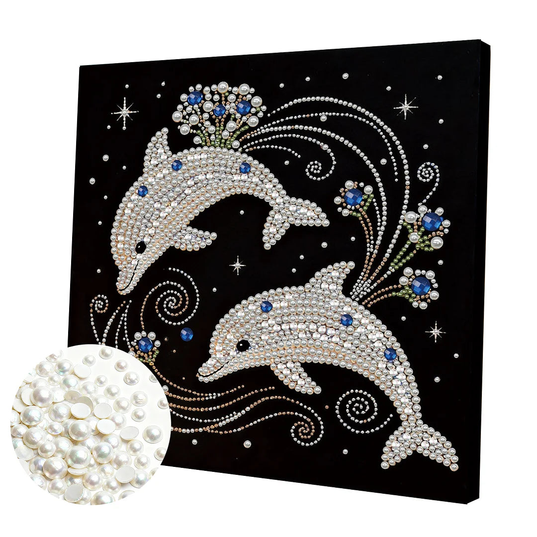 DIY Pearl Painting With Frame - Handmade Self-Adhesive Pearls - Dolphins (30*30cm)