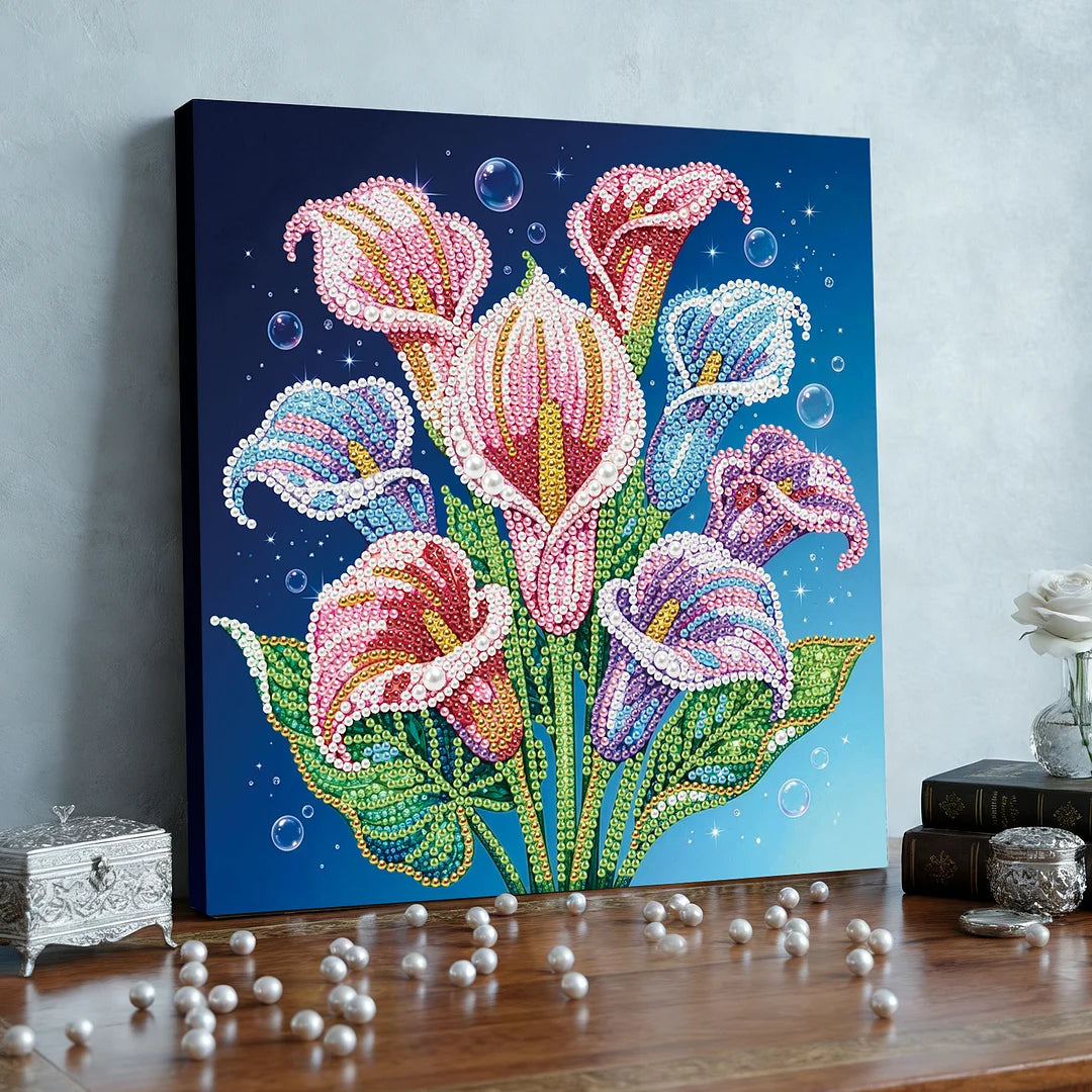 DIY Pearl Painting With Frame - Handmade Self-Adhesive Pearls - Calla Lily (25*25cm)