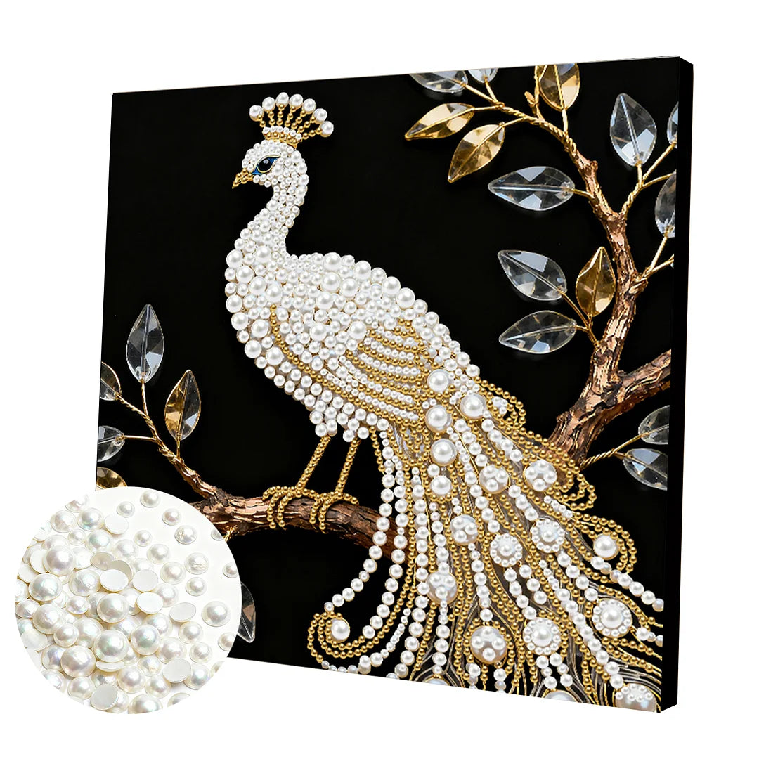 DIY Pearl Painting With Frame - Handmade Self-Adhesive Pearls - Peacock (25*25cm) A