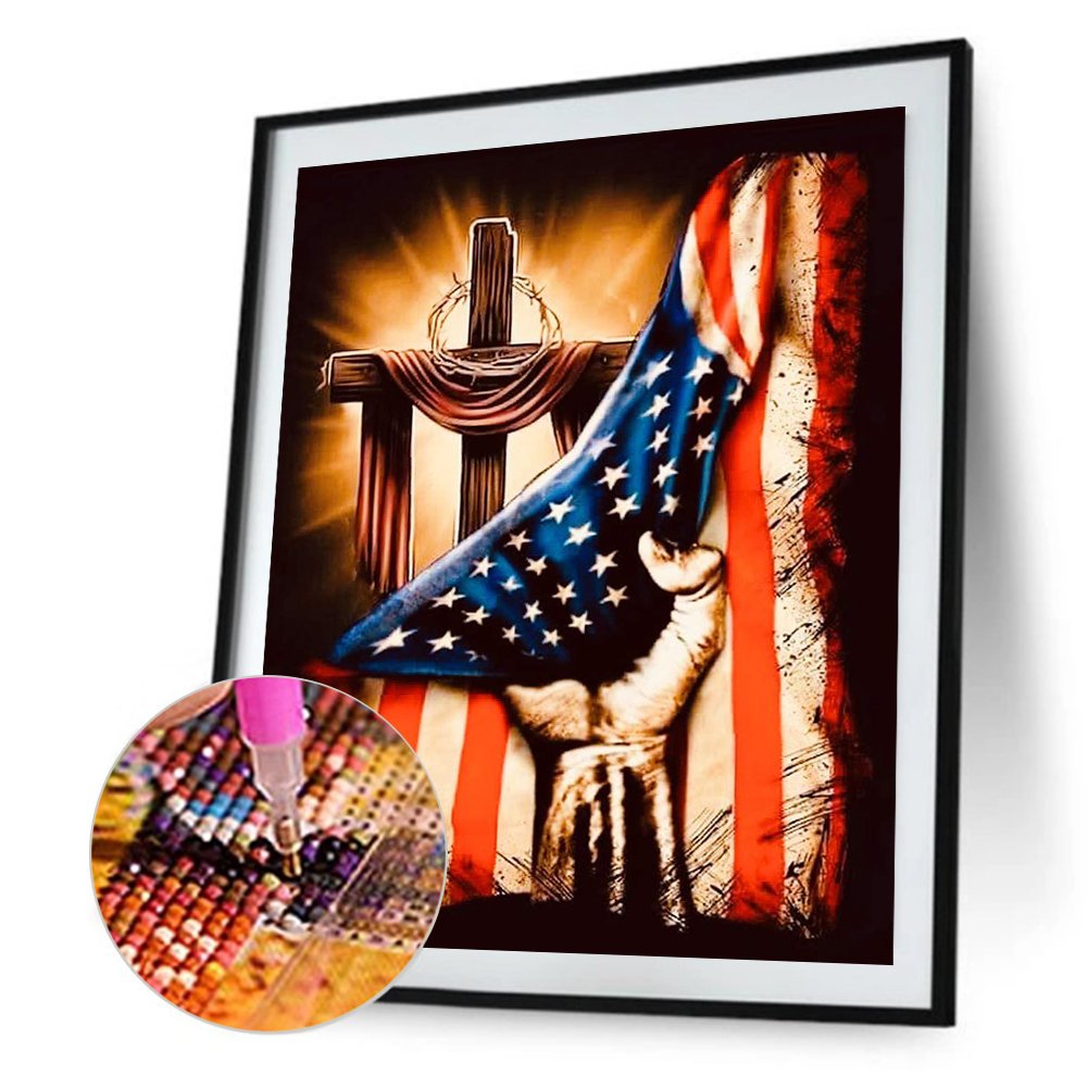5D DIY Diamond Painting Kit - Full Round - Cross & Us Flag
