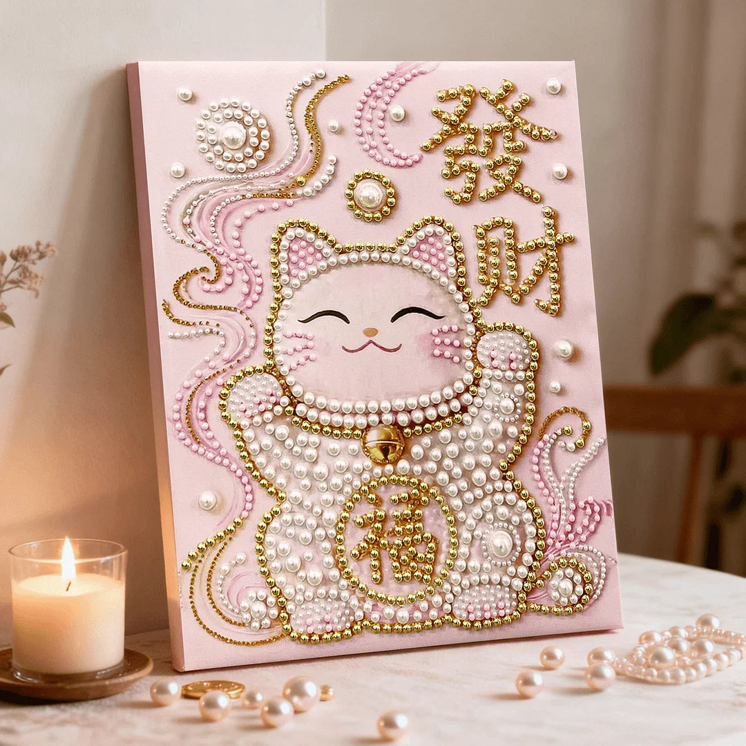 DIY Pearl Painting With Frame - Handmade Self-Adhesive Pearls - Lucky Cat (40*50cm)