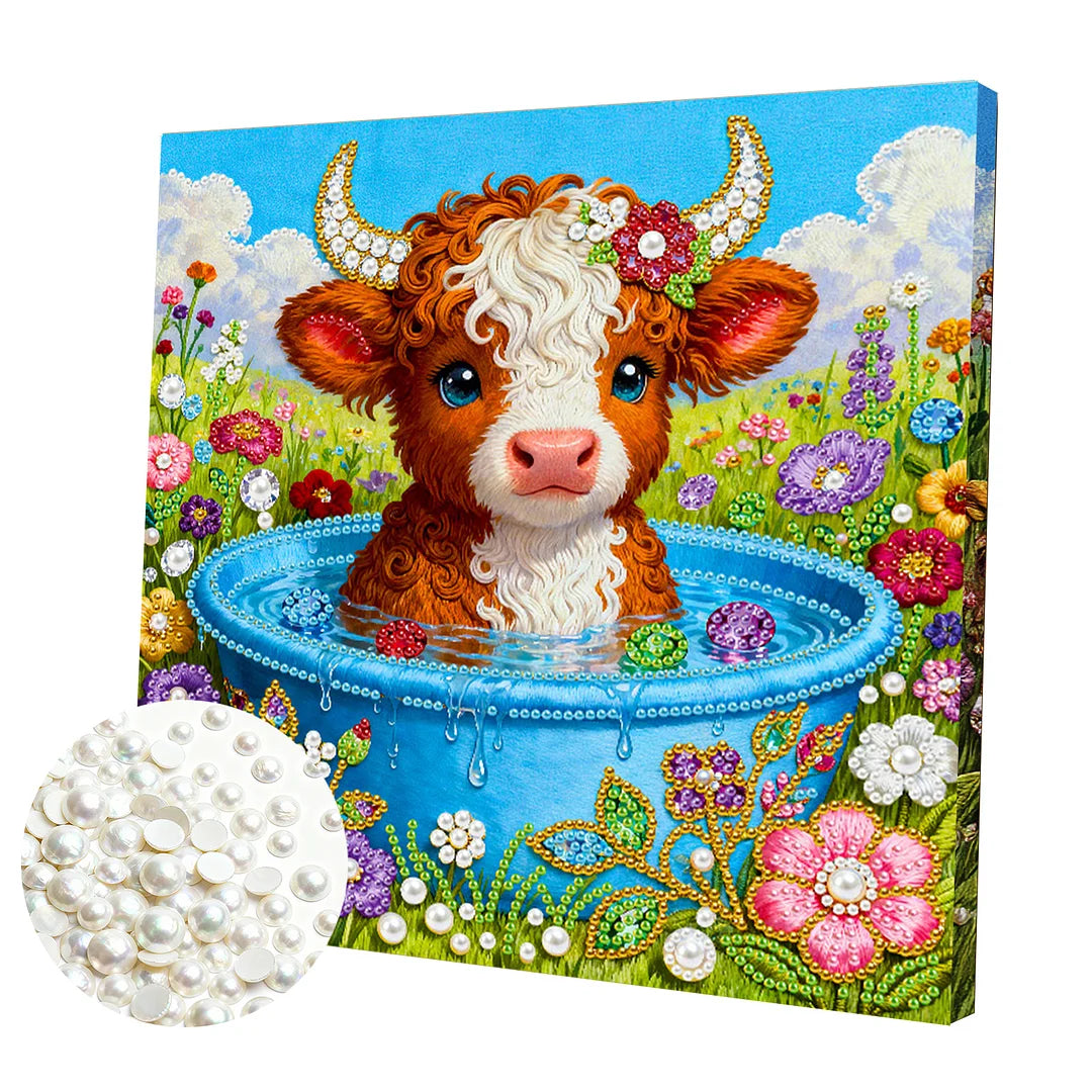 DIY Pearl Painting With Frame - Handmade Self-Adhesive Pearls - Cow (25*25cm)
