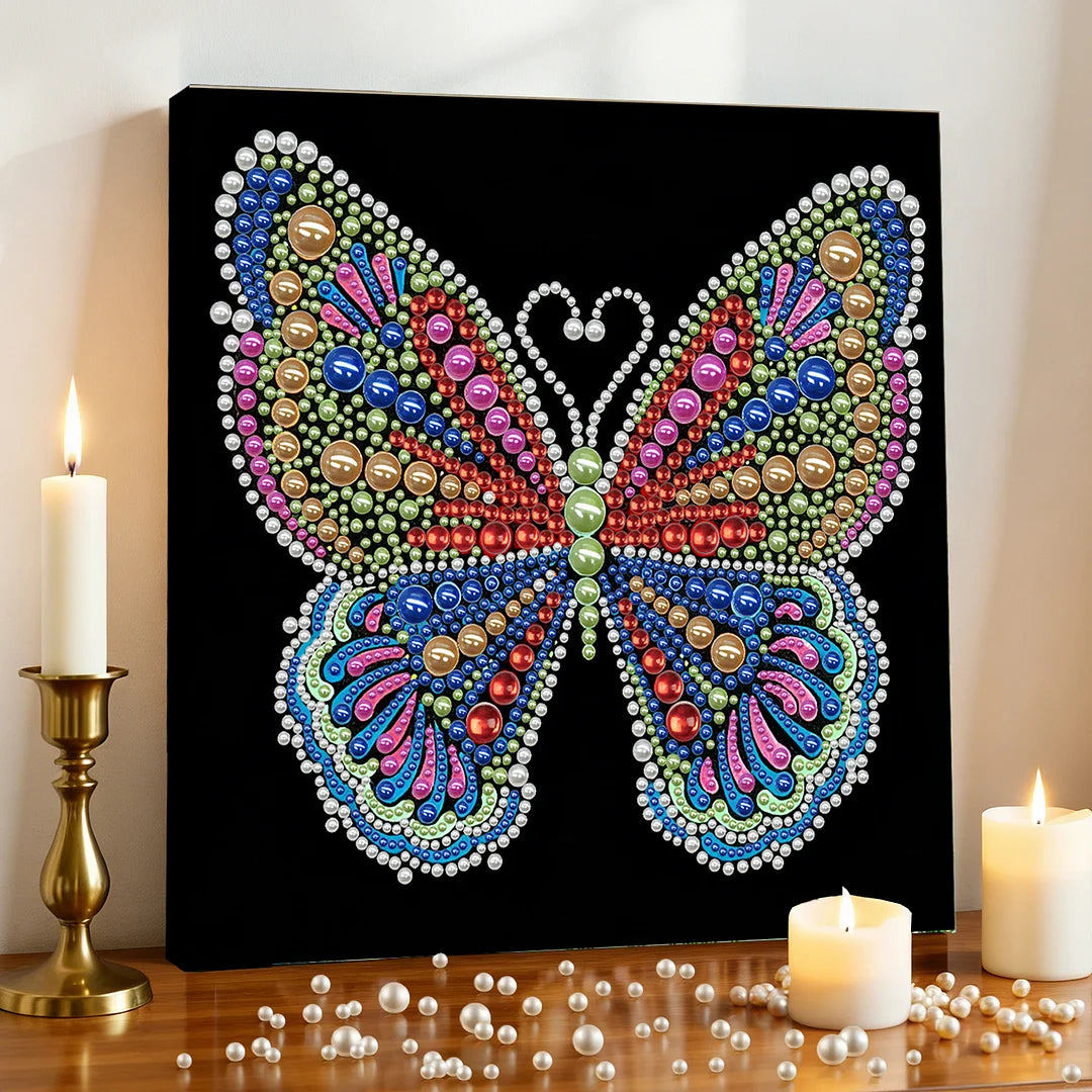 DIY Pearl Painting With Frame - Handmade Self-Adhesive Pearls - Rainbow Butterfly (25*25cm)