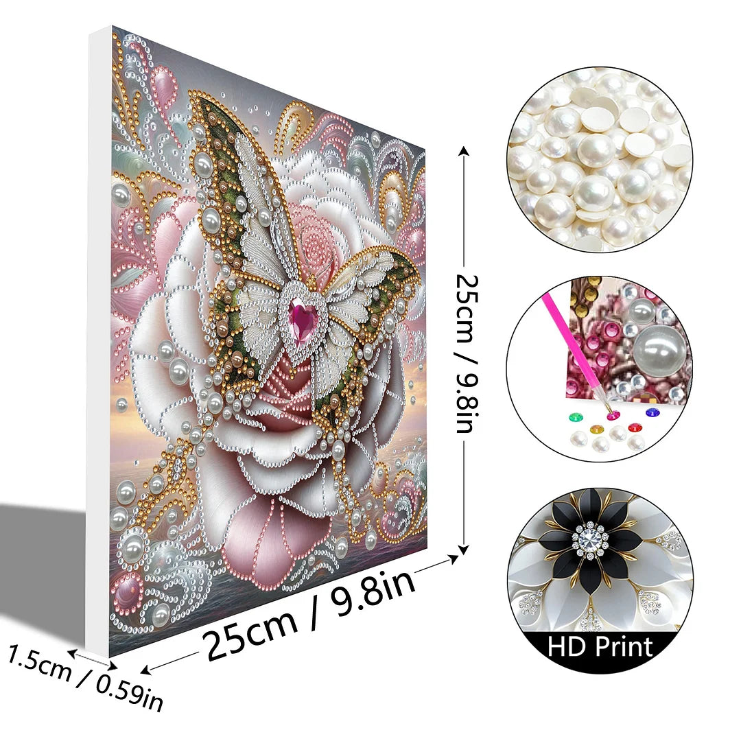 DIY Pearl Painting With Frame - Handmade Self-Adhesive Pearls - White Butterfly (25*25cm)