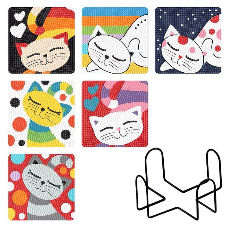 6pcs Cat Diamond Painting Coaster Set (With Stand) 