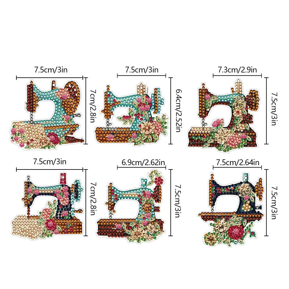 Sewing Machine 6pcs DIY Diamond Painting Keychains Size