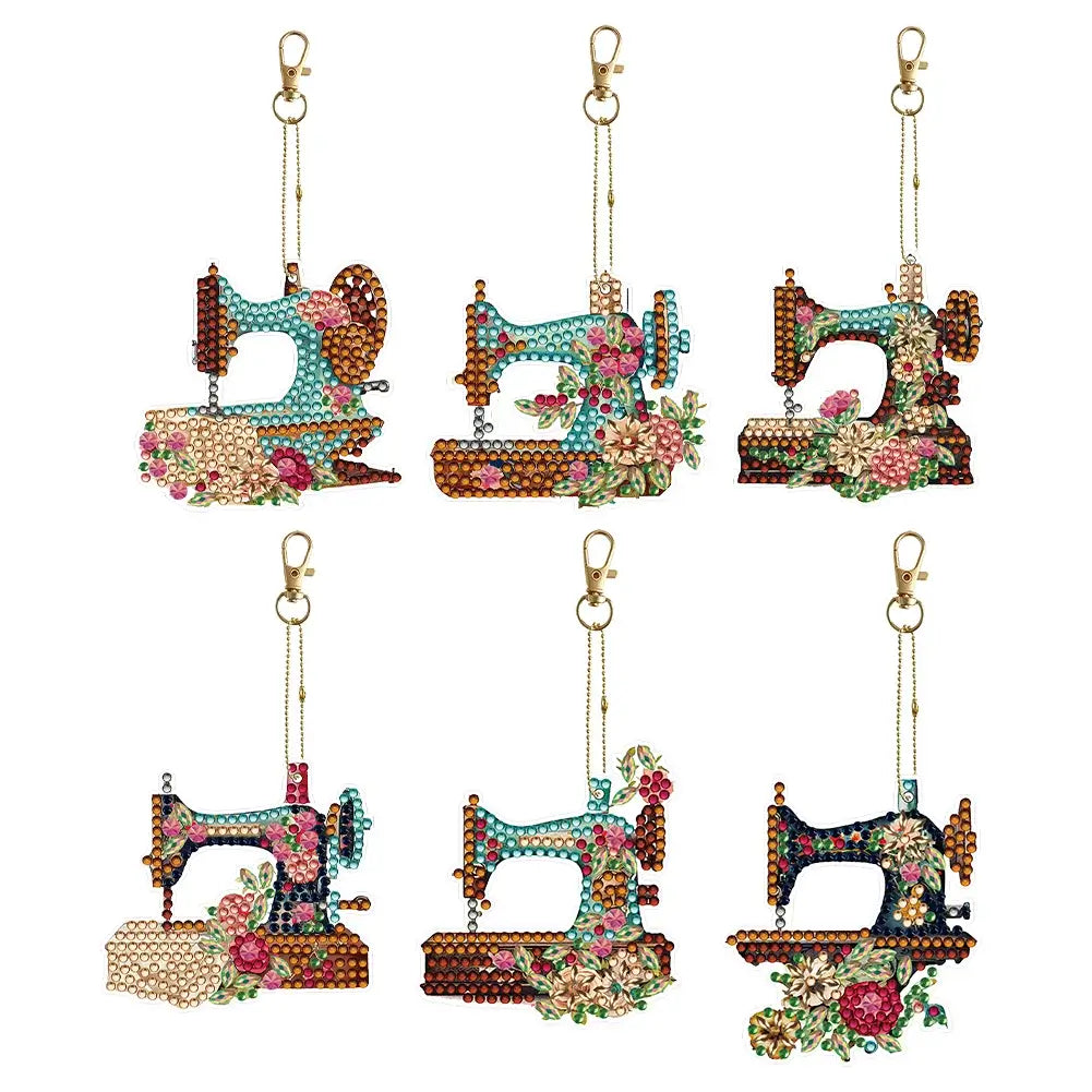 Sewing Machine 6pcs DIY Diamond Painting Keychains