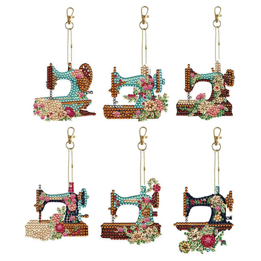 Sewing Machine 6pcs DIY Diamond Painting Keychains