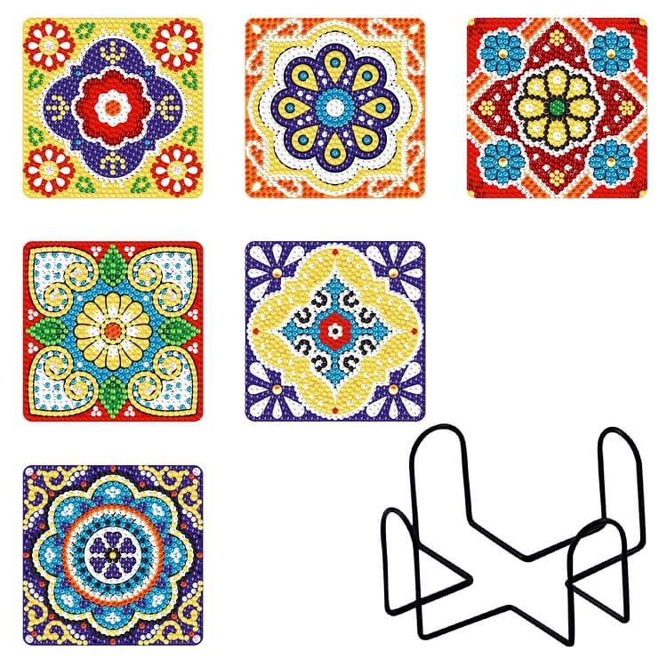 6pcs Mandala Diamond Painting Coaster Set (With Stand) B