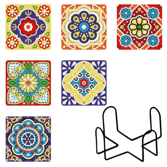 6pcs Mandala Diamond Painting Coaster Set (With Stand) B