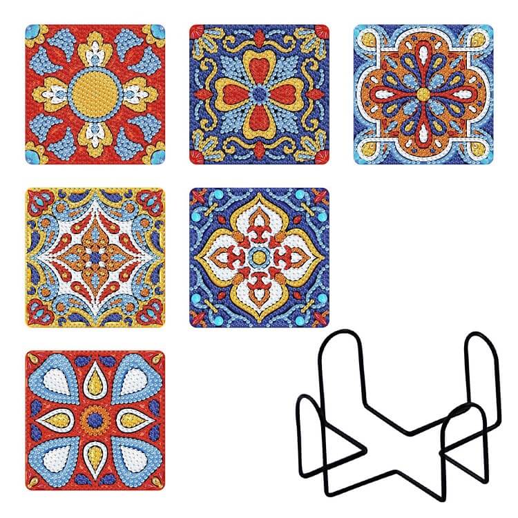 6pcs Mandala Diamond Painting Coaster Set (With Stand) E