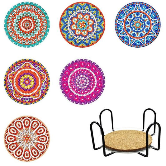 6pcs mandala diamond painting cup coaster set with stand