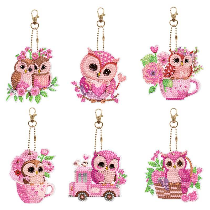 6pcs DIY Diamond Painting Keychains - Pink Owl
